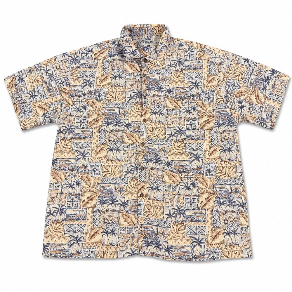 Windham Pointe Hawaiian Shirt Mens‎ XXL Blue Tan Beige Tropical Aloha Camp